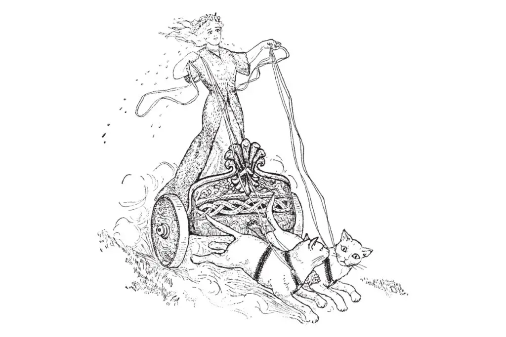 Drawn depiction of the Norse Goddess Freja in her chariot being pulled by two large cats